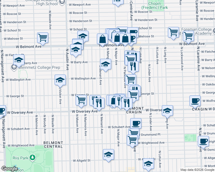 map of restaurants, bars, coffee shops, grocery stores, and more near 2931 North Mango Avenue in Chicago