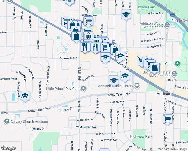 map of restaurants, bars, coffee shops, grocery stores, and more near 440 Stevens Drive in Addison