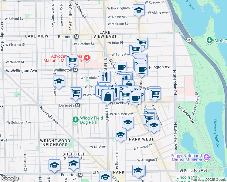 map of restaurants, bars, coffee shops, grocery stores, and more near 2842 North Burling Street in Chicago