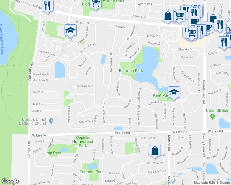 map of restaurants, bars, coffee shops, grocery stores, and more near 1156 Woodlake Drive in Carol Stream