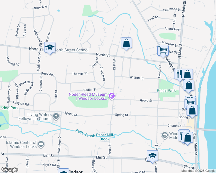 map of restaurants, bars, coffee shops, grocery stores, and more near 207 Reed Avenue in Windsor Locks