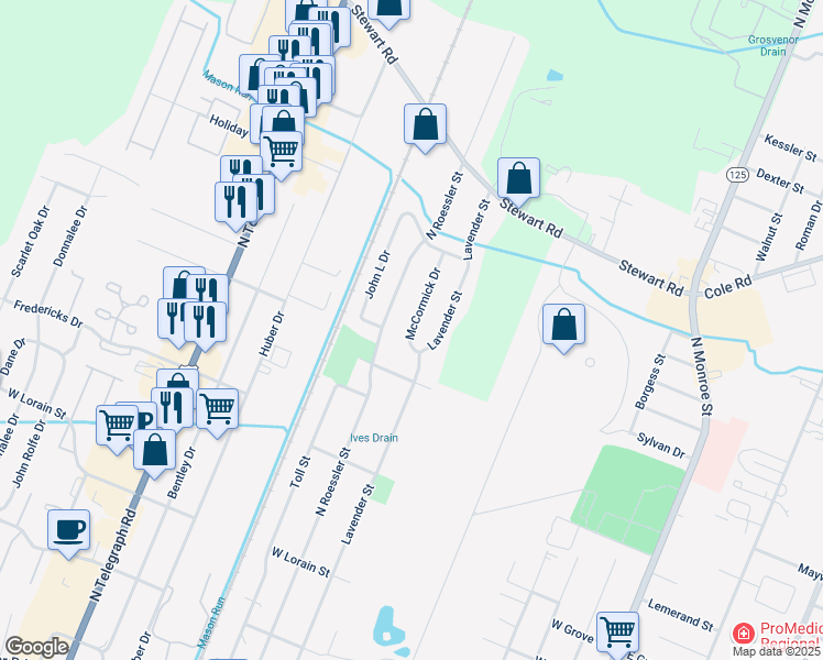 map of restaurants, bars, coffee shops, grocery stores, and more near 1117 McCormick Drive in Monroe
