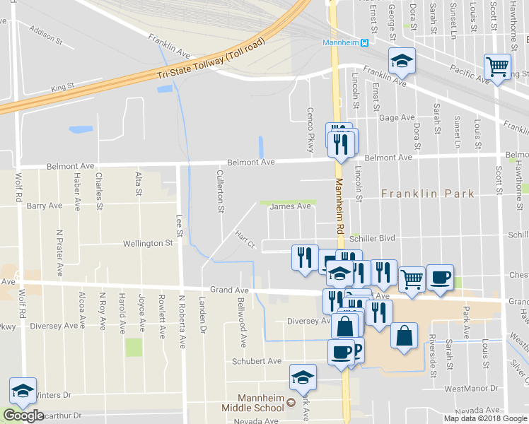 map of restaurants, bars, coffee shops, grocery stores, and more near 3034 Ruth Street in Franklin Park