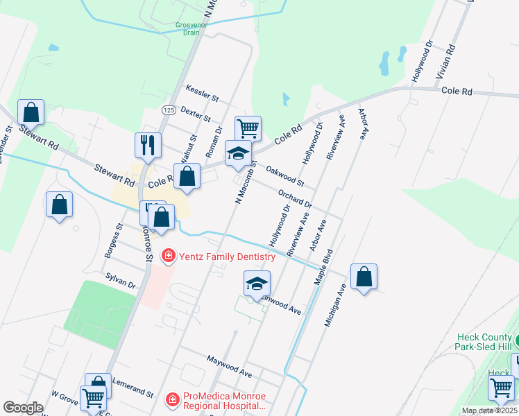 map of restaurants, bars, coffee shops, grocery stores, and more near 1490 North Macomb Street in Monroe