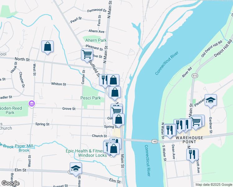 map of restaurants, bars, coffee shops, grocery stores, and more near 237 Main Street in Windsor Locks