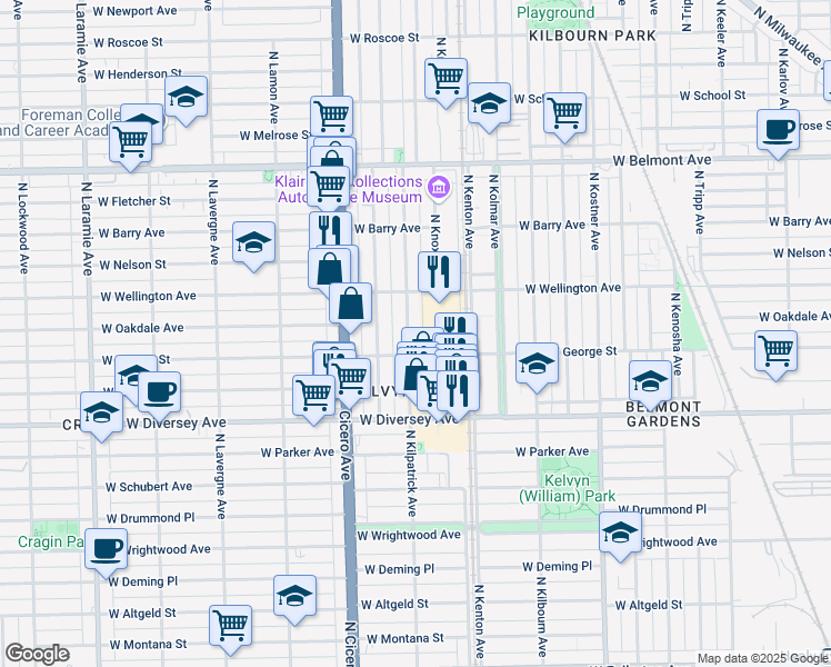 map of restaurants, bars, coffee shops, grocery stores, and more near 2919 North Kilpatrick Avenue in Chicago