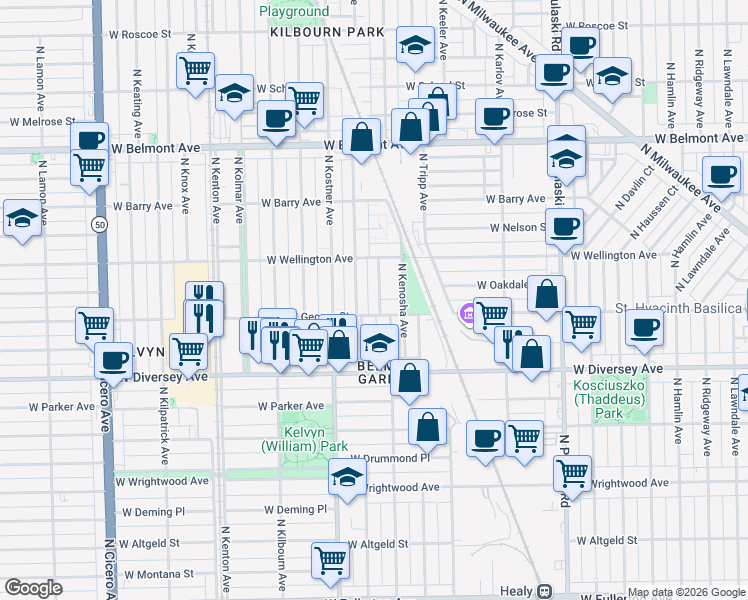 map of restaurants, bars, coffee shops, grocery stores, and more near 2912 North Kildare Avenue in Chicago