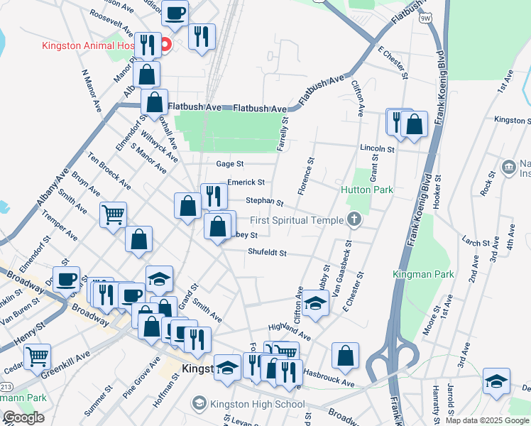 map of restaurants, bars, coffee shops, grocery stores, and more near 75 Derrenbacher Street in Kingston