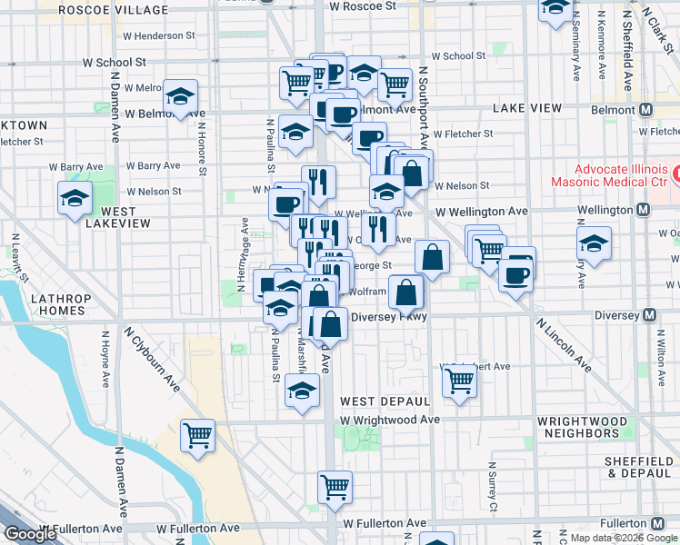 map of restaurants, bars, coffee shops, grocery stores, and more near 1537 West George Street in Chicago