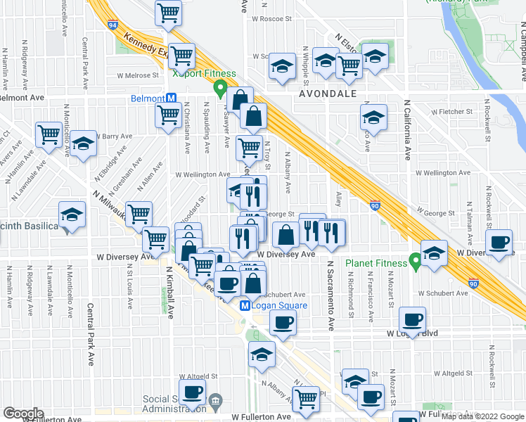 map of restaurants, bars, coffee shops, grocery stores, and more near 3140 West George Street in Chicago
