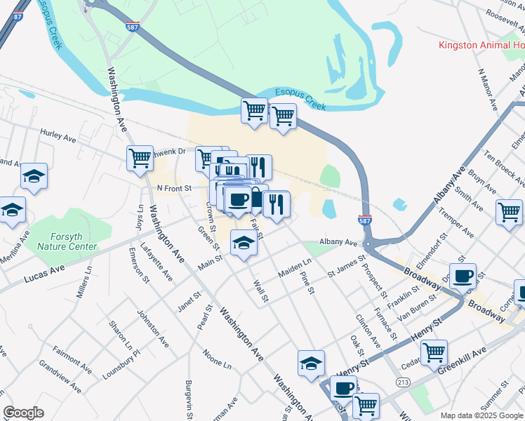 map of restaurants, bars, coffee shops, grocery stores, and more near 16 John Street in Kingston