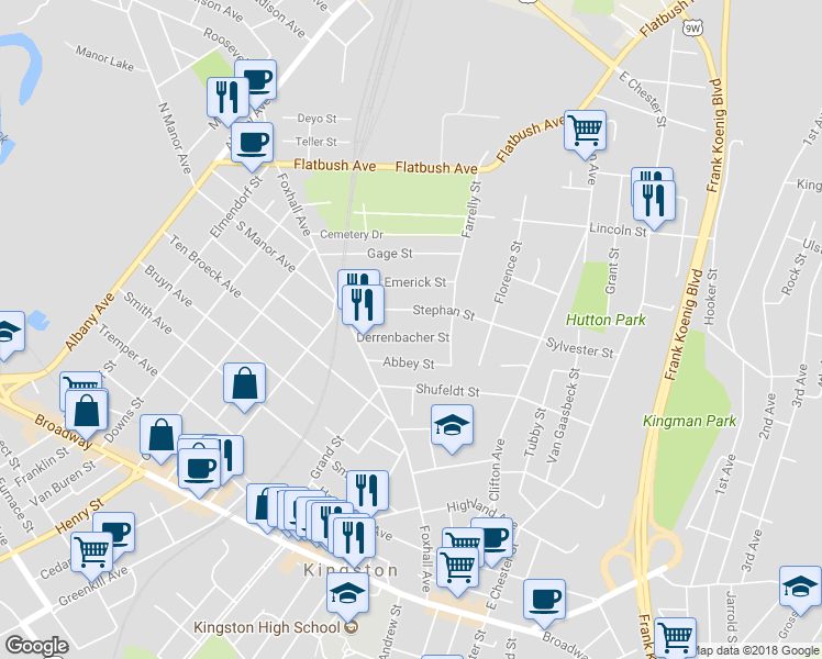 map of restaurants, bars, coffee shops, grocery stores, and more near 43 Derrenbacher Street in Kingston
