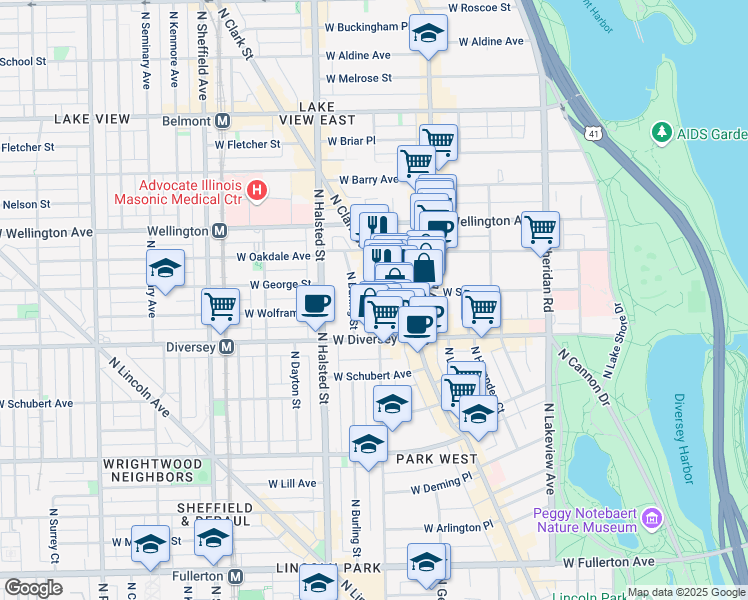 map of restaurants, bars, coffee shops, grocery stores, and more near 2840 North Orchard Street in Chicago