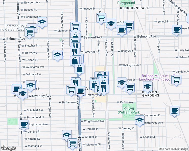 map of restaurants, bars, coffee shops, grocery stores, and more near 2919 North Kilpatrick Avenue in Chicago