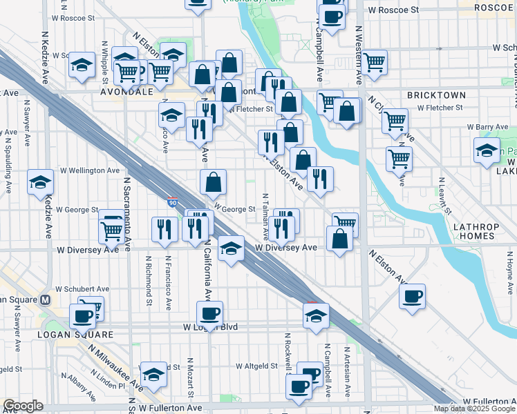 map of restaurants, bars, coffee shops, grocery stores, and more near 2644 West George Street in Chicago