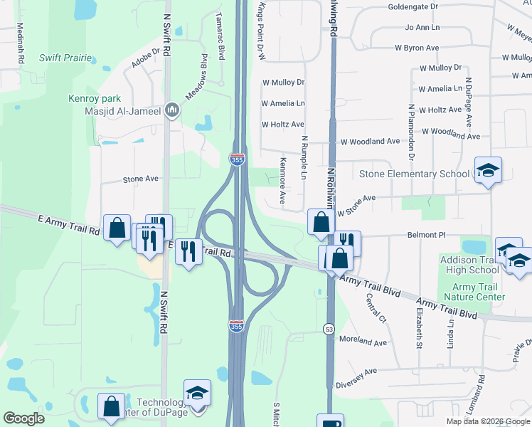 map of restaurants, bars, coffee shops, grocery stores, and more near 1851 West Sherry Lane in Addison