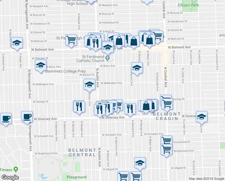 map of restaurants, bars, coffee shops, grocery stores, and more near 2934 North Marmora Avenue in Chicago