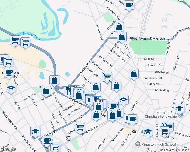 map of restaurants, bars, coffee shops, grocery stores, and more near 235 Smith Avenue in Kingston