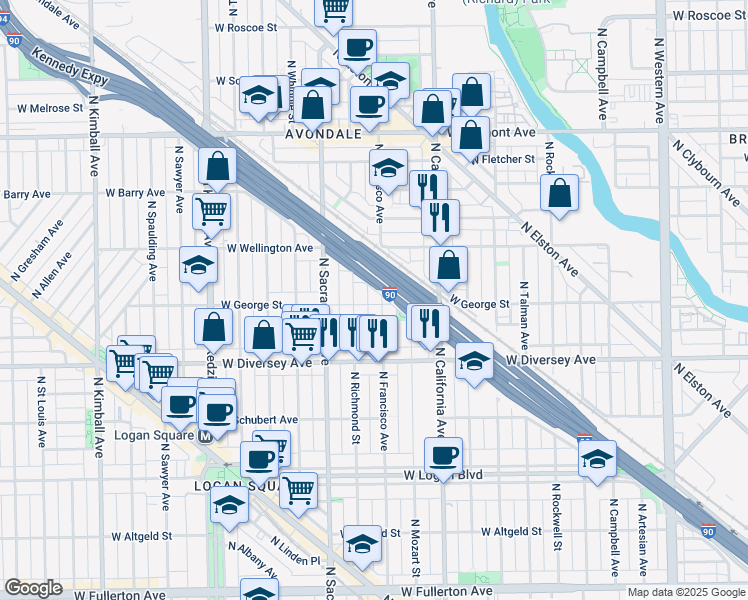 map of restaurants, bars, coffee shops, grocery stores, and more near 2900 West George Street in Chicago