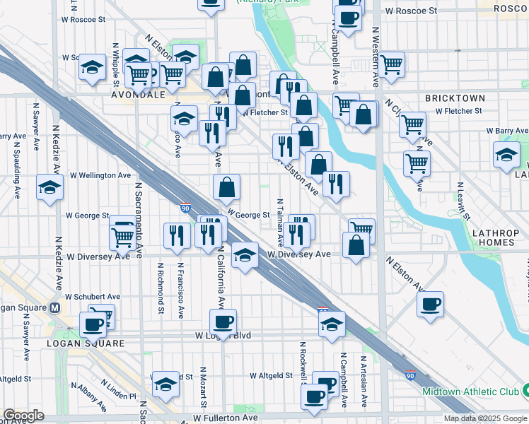 map of restaurants, bars, coffee shops, grocery stores, and more near 2901 North Washtenaw Avenue in Chicago