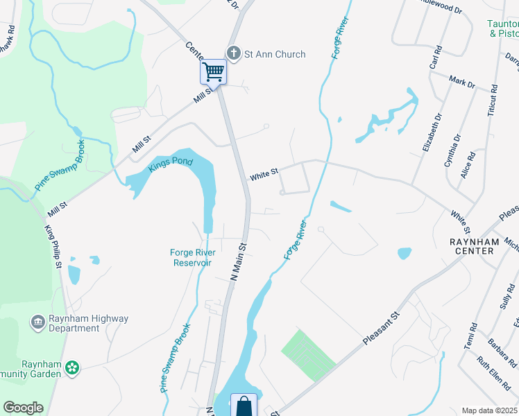 map of restaurants, bars, coffee shops, grocery stores, and more near 419 North Main Street in Raynham