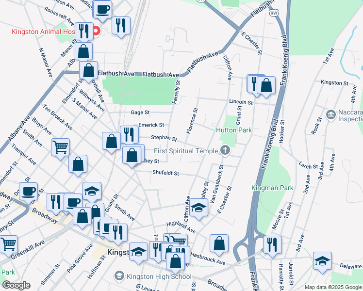 map of restaurants, bars, coffee shops, grocery stores, and more near 120 Stephan Street in Kingston