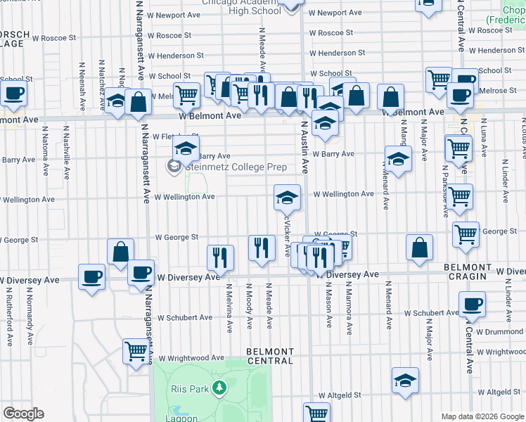map of restaurants, bars, coffee shops, grocery stores, and more near 2940 North Meade Avenue in Chicago