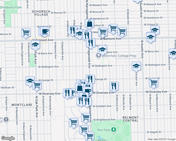 map of restaurants, bars, coffee shops, grocery stores, and more near 2940 North Narragansett Avenue in Chicago
