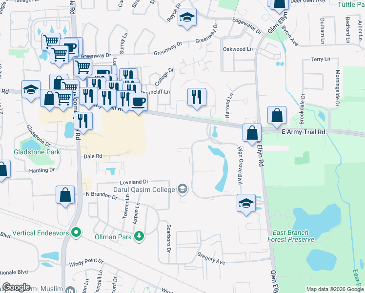 map of restaurants, bars, coffee shops, grocery stores, and more near 198 Regency Drive in Glendale Heights