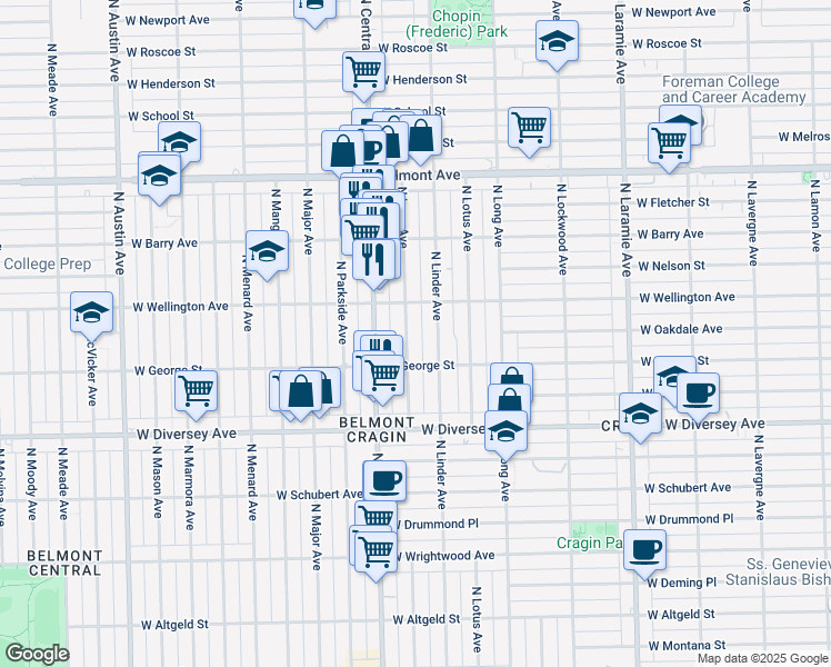 map of restaurants, bars, coffee shops, grocery stores, and more near 2931 North Luna Avenue in Chicago