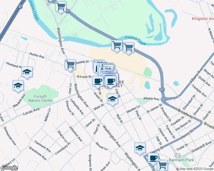 map of restaurants, bars, coffee shops, grocery stores, and more near 61 John Street in Kingston