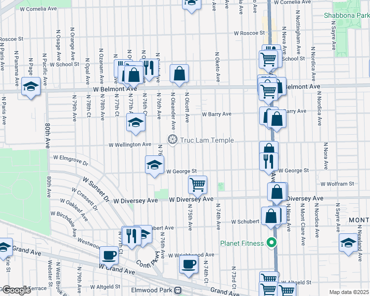 map of restaurants, bars, coffee shops, grocery stores, and more near 2940 North 75th Avenue in Elmwood Park