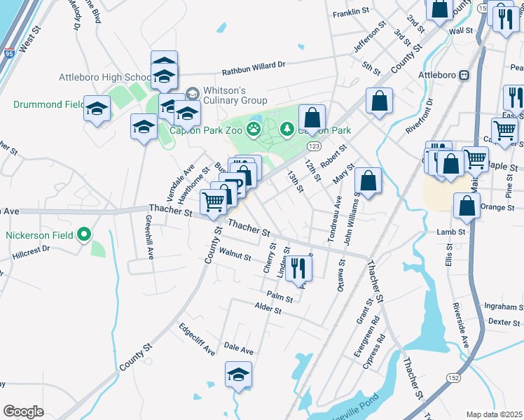 map of restaurants, bars, coffee shops, grocery stores, and more near 31 Lexington Avenue in Attleboro