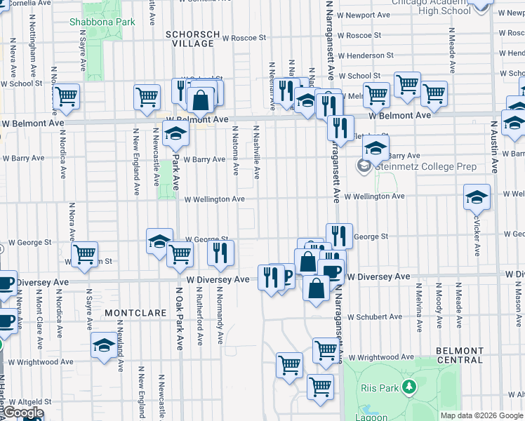 map of restaurants, bars, coffee shops, grocery stores, and more near 2943 North Nashville Avenue in Chicago
