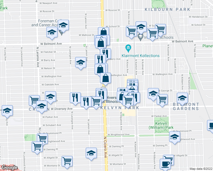 map of restaurants, bars, coffee shops, grocery stores, and more near 2921 North Cicero Avenue in Chicago