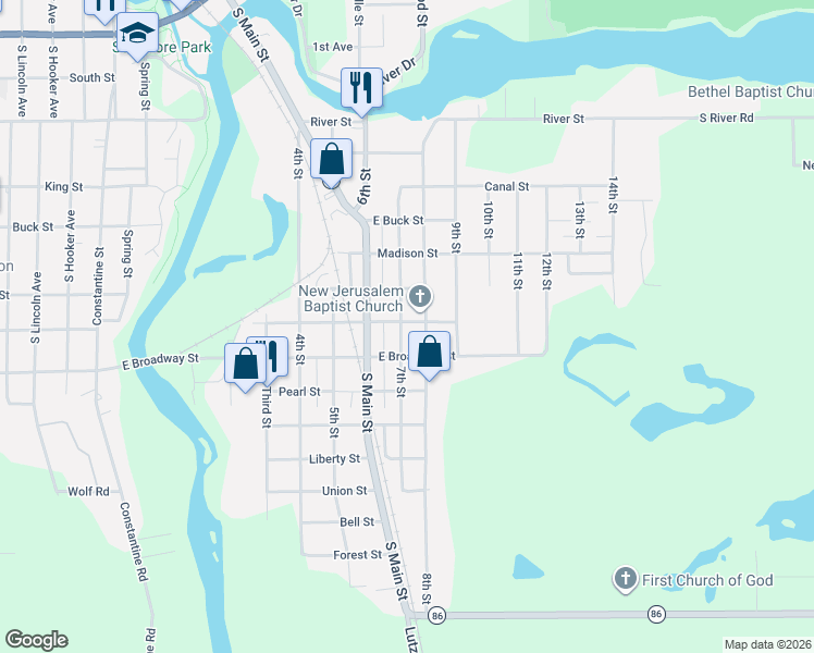 map of restaurants, bars, coffee shops, grocery stores, and more near 615 State Street in Three Rivers