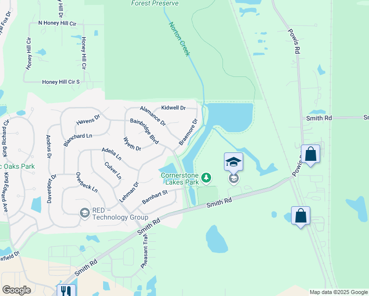 map of restaurants, bars, coffee shops, grocery stores, and more near 2947 Braemore Drive in West Chicago