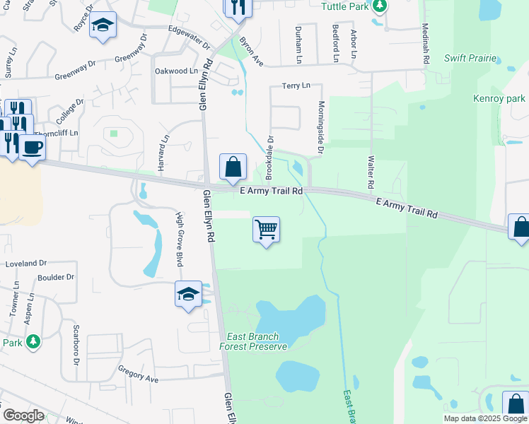 map of restaurants, bars, coffee shops, grocery stores, and more near 302 East Army Trail Road in Bloomingdale