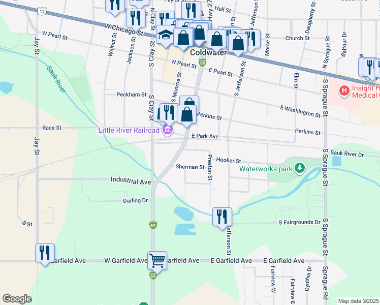 map of restaurants, bars, coffee shops, grocery stores, and more near 16 Conover Street in Coldwater