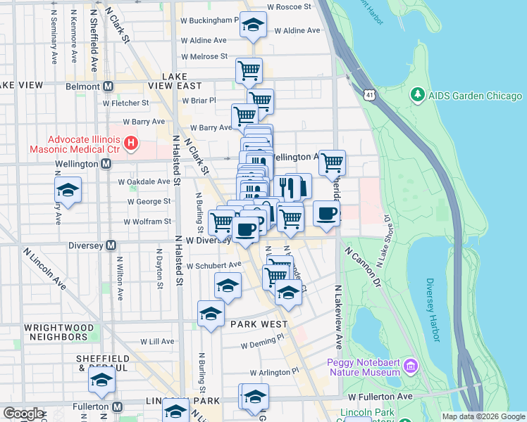 map of restaurants, bars, coffee shops, grocery stores, and more near 550 West Surf Street in Chicago
