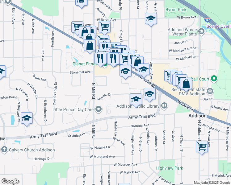map of restaurants, bars, coffee shops, grocery stores, and more near 440 Stevens Drive in Addison