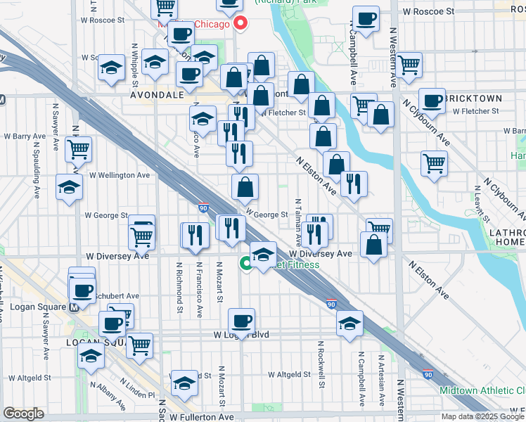 map of restaurants, bars, coffee shops, grocery stores, and more near 2901 North Fairfield Avenue in Chicago