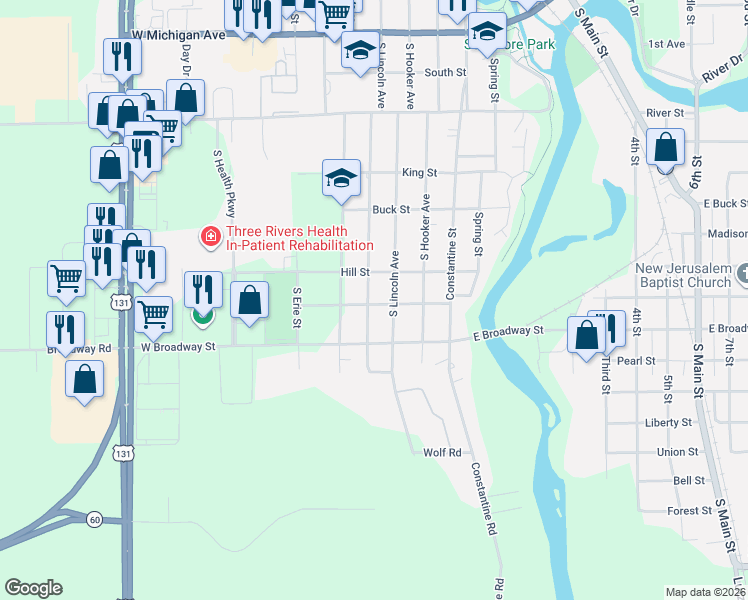 map of restaurants, bars, coffee shops, grocery stores, and more near 726 South Grant Avenue in Three Rivers