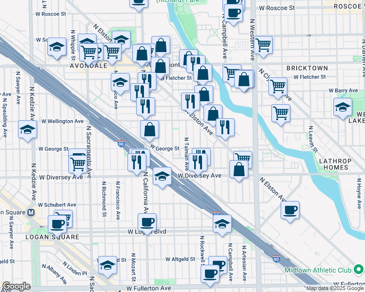 map of restaurants, bars, coffee shops, grocery stores, and more near 2644 West George Street in Chicago