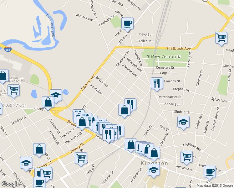 map of restaurants, bars, coffee shops, grocery stores, and more near 137 Bruyn Ave in Kingston