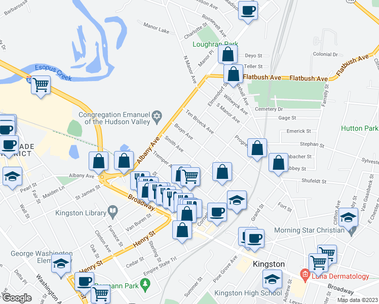 map of restaurants, bars, coffee shops, grocery stores, and more near 224 Smith Avenue in Kingston