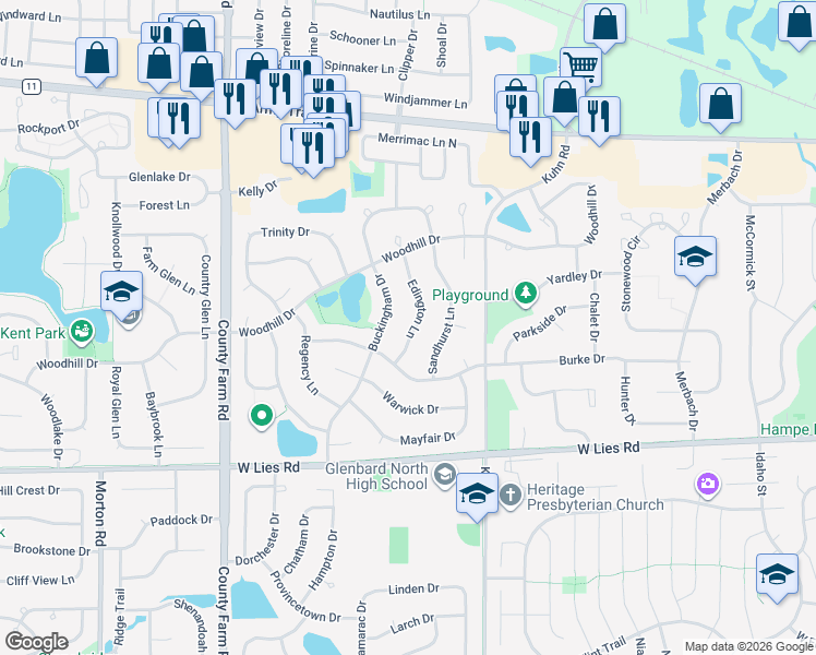map of restaurants, bars, coffee shops, grocery stores, and more near 1120 Edington Lane in Carol Stream