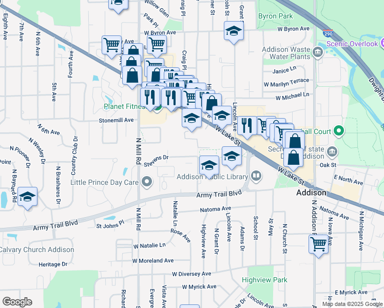 map of restaurants, bars, coffee shops, grocery stores, and more near 414 Highview Avenue in Addison