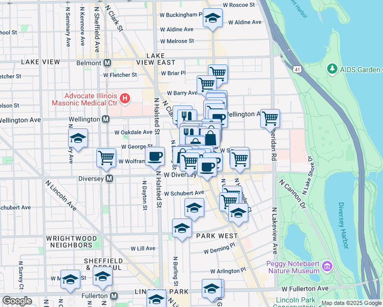 map of restaurants, bars, coffee shops, grocery stores, and more near 2850 North Clark Street in Chicago