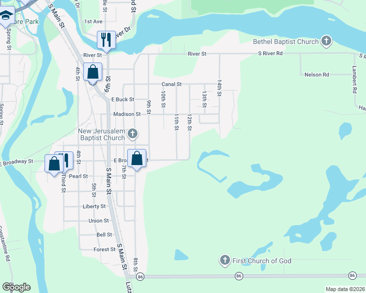 map of restaurants, bars, coffee shops, grocery stores, and more near 1110 East Broadway Street in Three Rivers